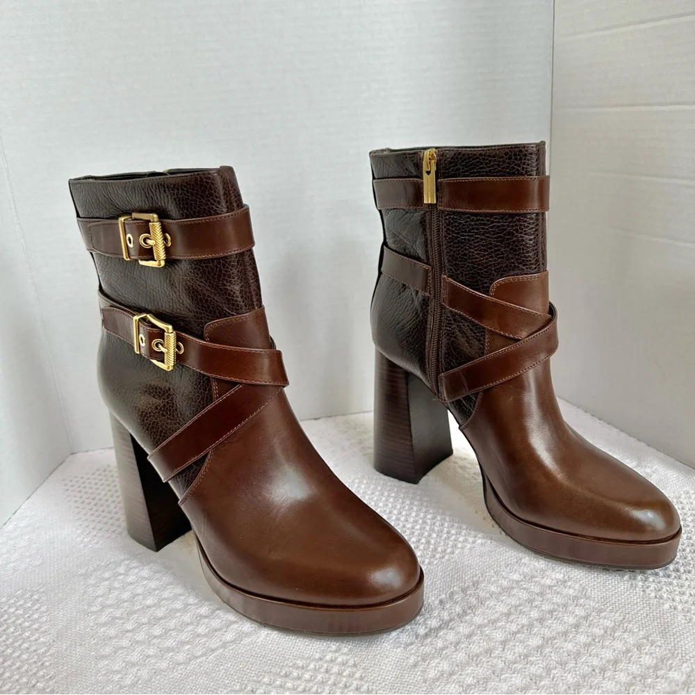 Vince Camuto Coliana Leather Platform Block Heel Brown Booties-9.5-Buckles Indie